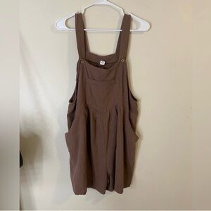 Anrabess Linen blend Brown Sleeveless Romper overall size large side pockets